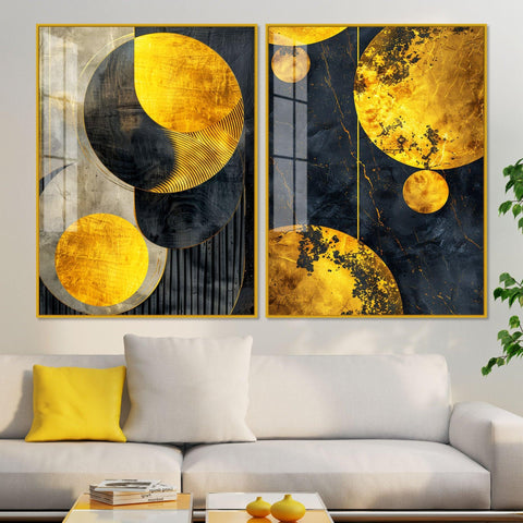Modern Luxurious Golden Shapes Acrylic Floating Wall Painting Set Of 2 - Decor Mantra 