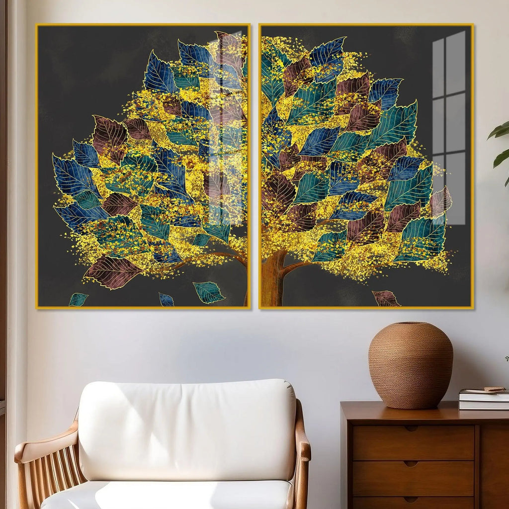 Luxury Golden Shiny Tufted Leaves Tree Acrylic Floating Wall Painting Set Of 2 - Decor Mantra 