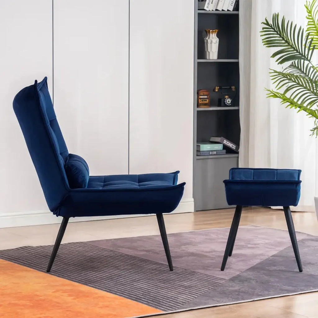 Navy Blue Plush Velvet Accent Chair With Footrest & Cushion DECORMANTRA