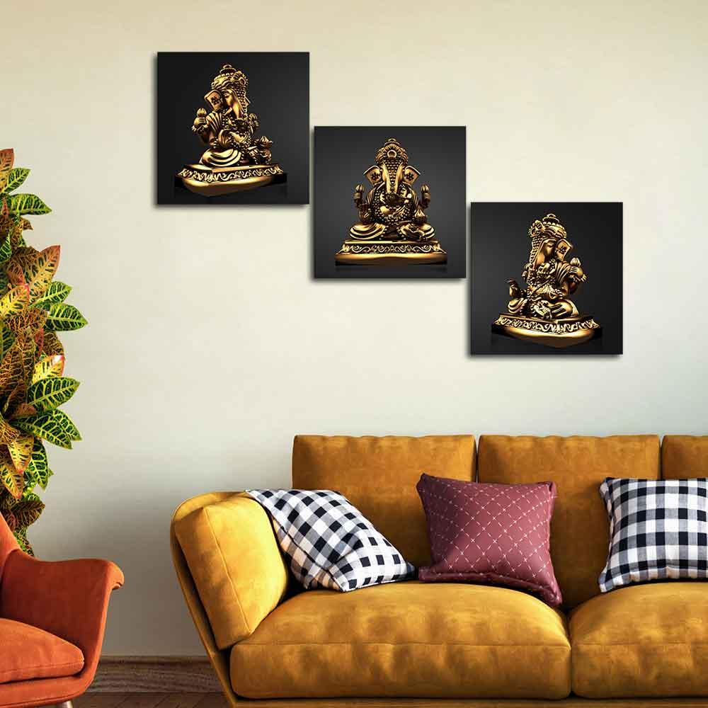 Golden Statue of Lord Ganesha Canvas Wall Painting of 3 Pieces - Decor Mantra 