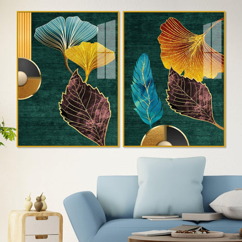 Colorful Golden Lines Leaves Acrylic Floating Wall Painting Set of 2 - Decor Mantra 