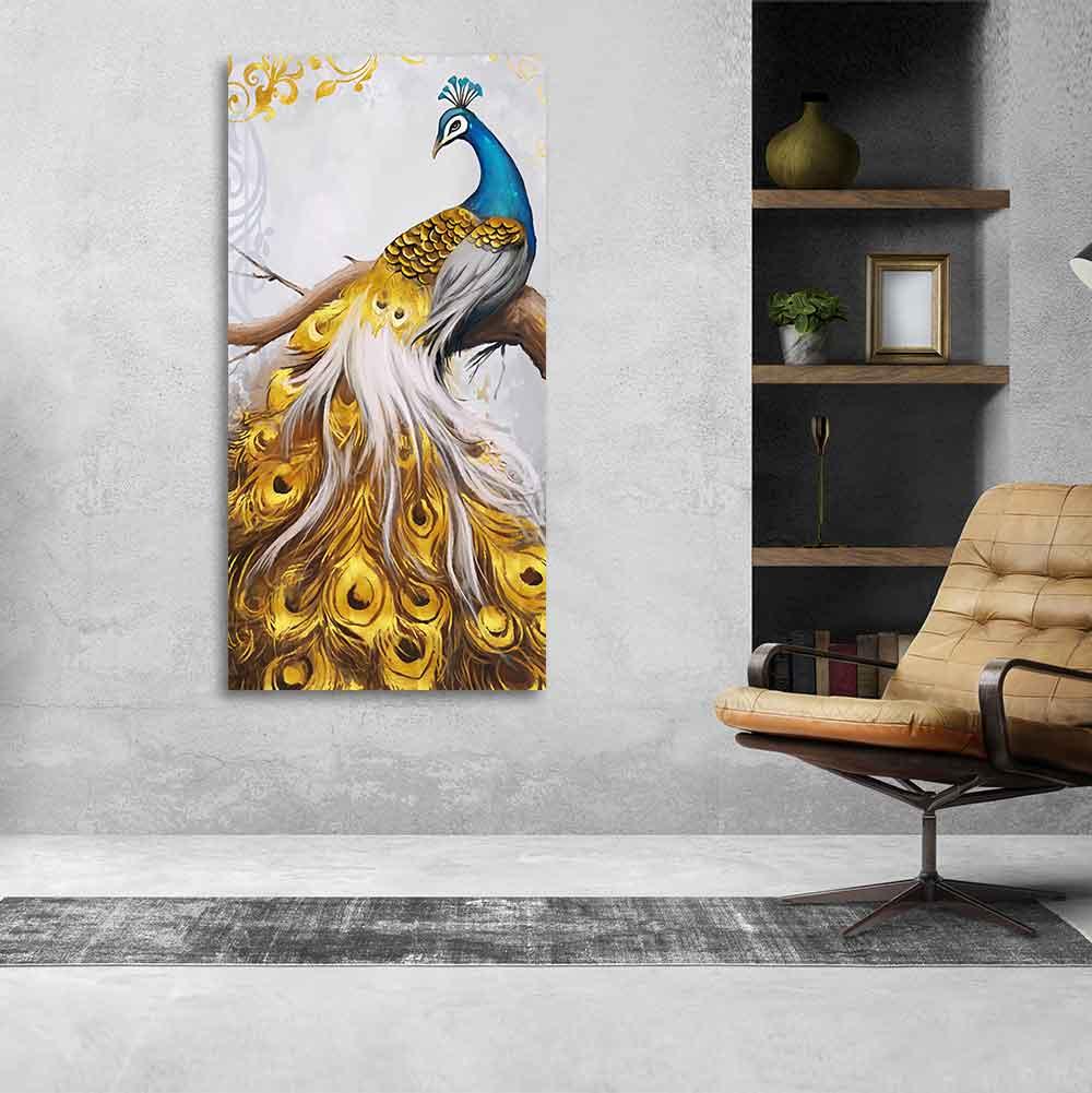 Classic Wall Painting of A Golden Feather Peacock - Decor Mantra 