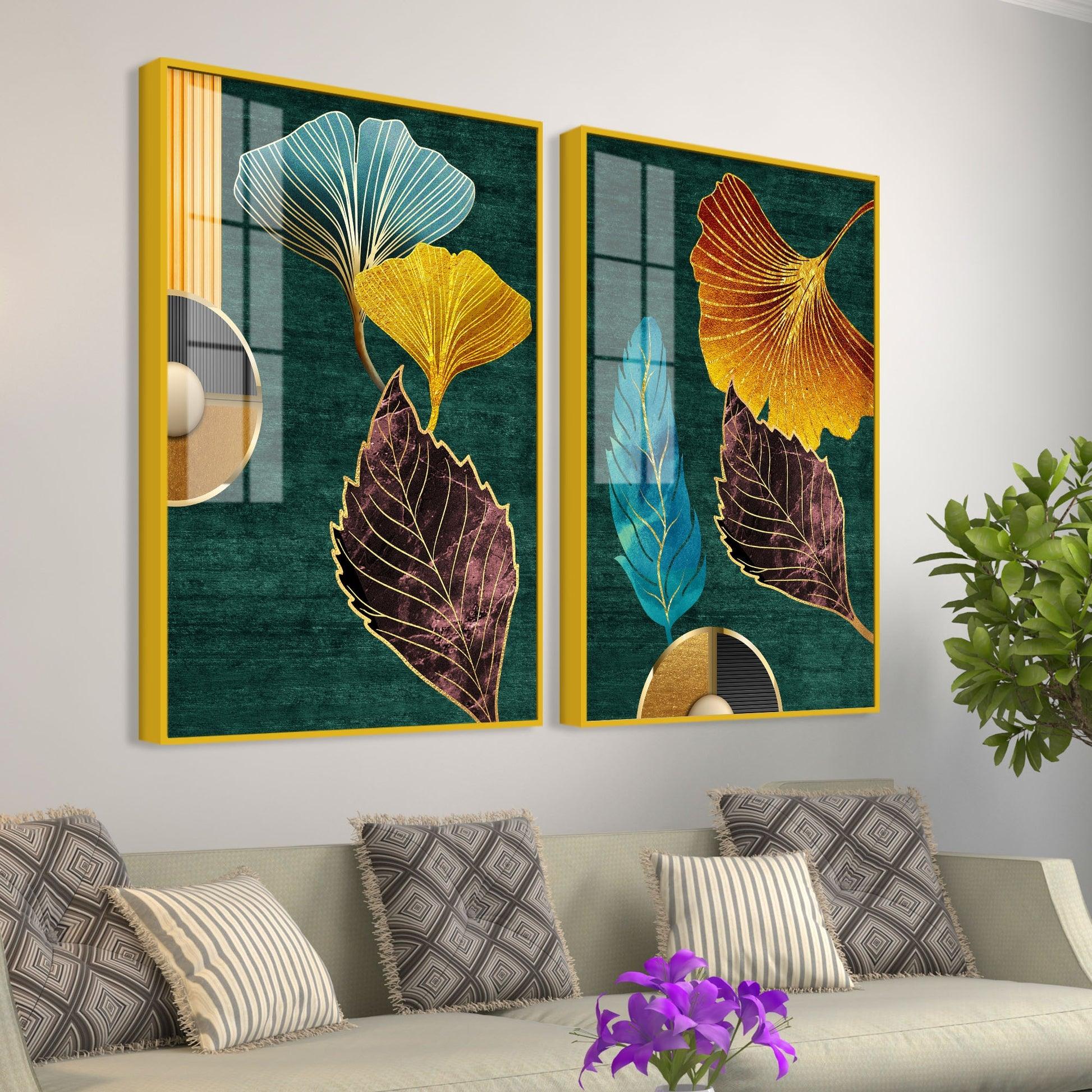Colorful Golden Lines Leaves Acrylic Floating Wall Painting Set of 2 - Decor Mantra 