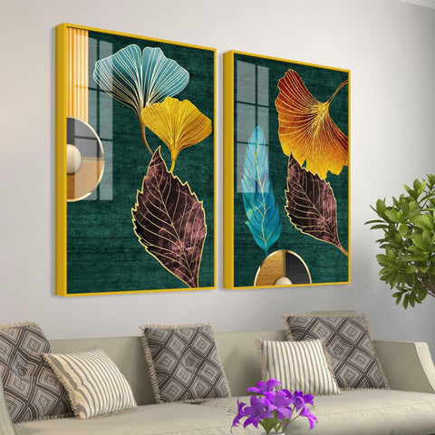 Colorful Golden Lines Leaves Acrylic Floating Wall Painting Set of 2 - Decor Mantra 