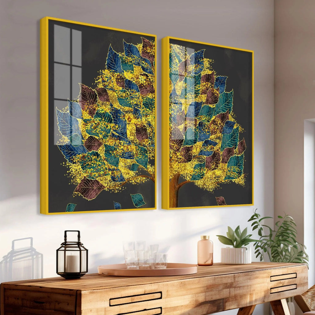 Luxury Golden Shiny Tufted Leaves Tree Acrylic Floating Wall Painting Set Of 2 - Decor Mantra 