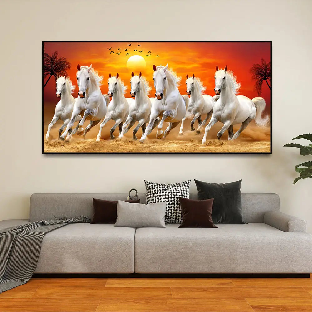 Seven Horses Running at Sunrise Premium Canvas Wall Painting - Harshita Craft