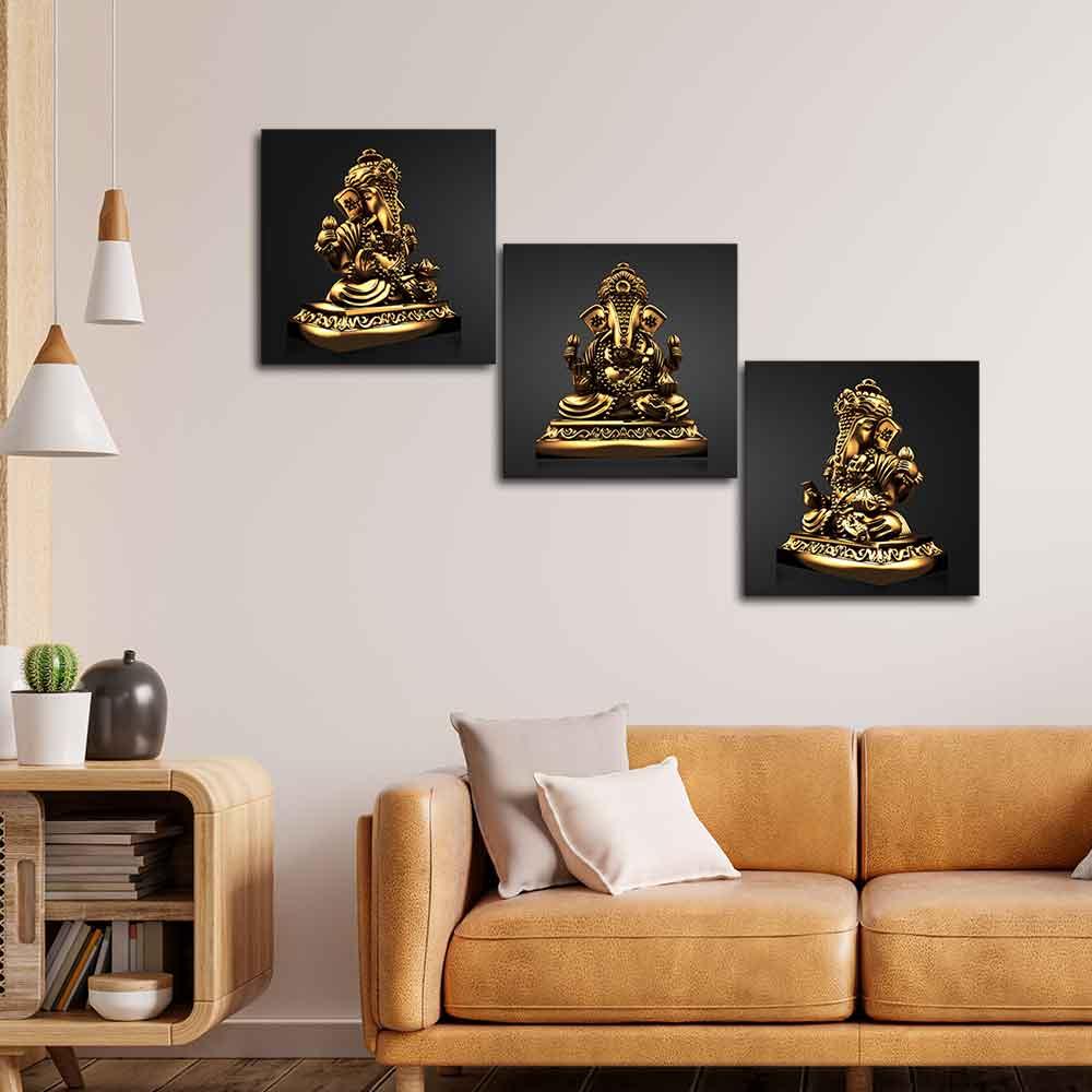 Golden Statue of Lord Ganesha Canvas Wall Painting of 3 Pieces - Decor Mantra 