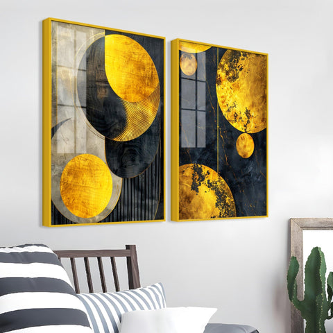 Modern Luxurious Golden Shapes Acrylic Floating Wall Painting Set Of 2 - Decor Mantra 