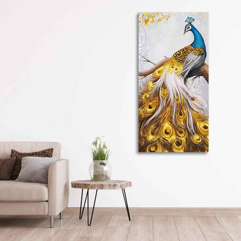 Classic Wall Painting of A Golden Feather Peacock - Decor Mantra 