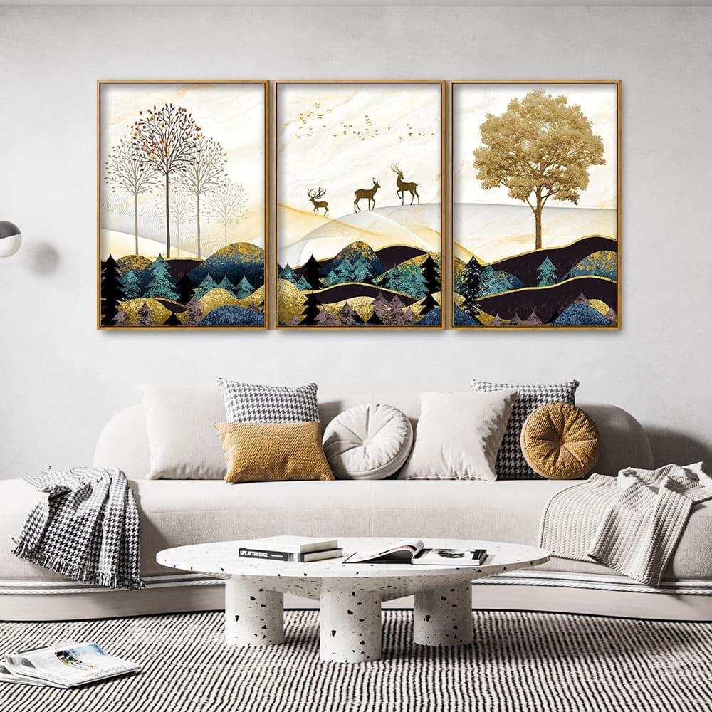 Abstract Golden Landscape Trees with Golden Deer Floating Canvas Wall Painting Set of Three - Decor Mantra 