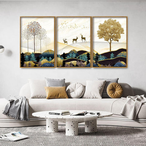 Abstract Golden Landscape Trees with Golden Deer Floating Canvas Wall Painting Set of Three - Decor Mantra 