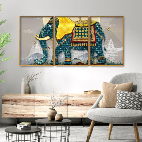 Classic and Royal Elephant with Golden Tusks Floating Canvas Wall Painting Set of Three - Decor Mantra 