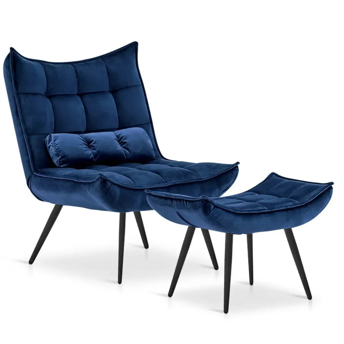 Navy Blue Plush Velvet Accent Chair With Footrest & Cushion DECORMANTRA