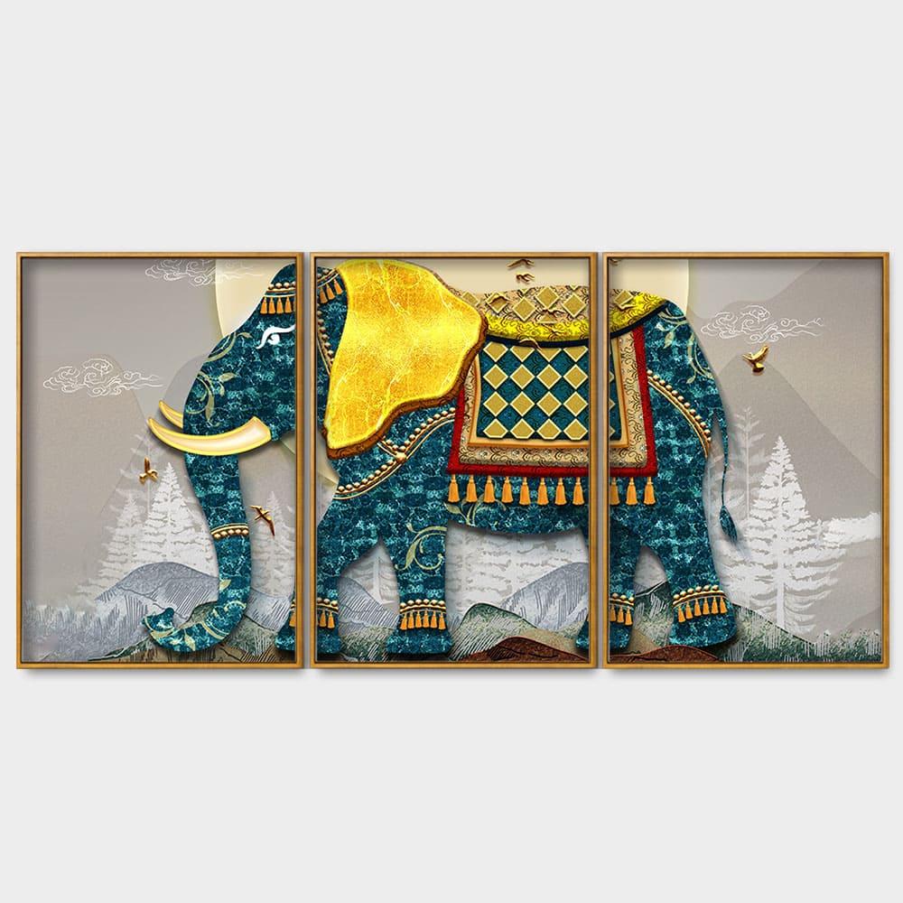 Classic and Royal Elephant with Golden Tusks Floating Canvas Wall Painting Set of Three - Decor Mantra 