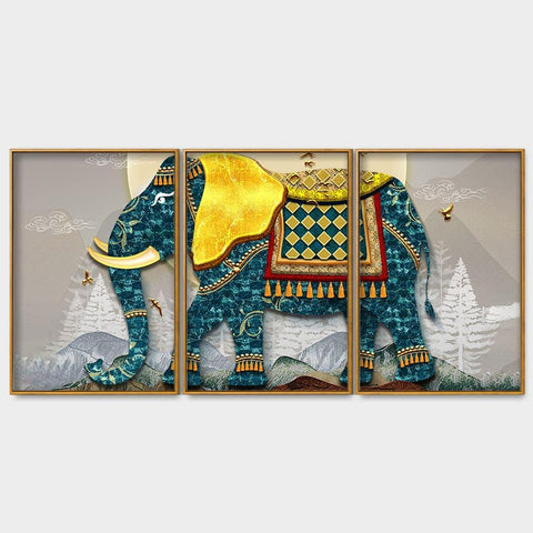 Classic and Royal Elephant with Golden Tusks Floating Canvas Wall Painting Set of Three - Decor Mantra 