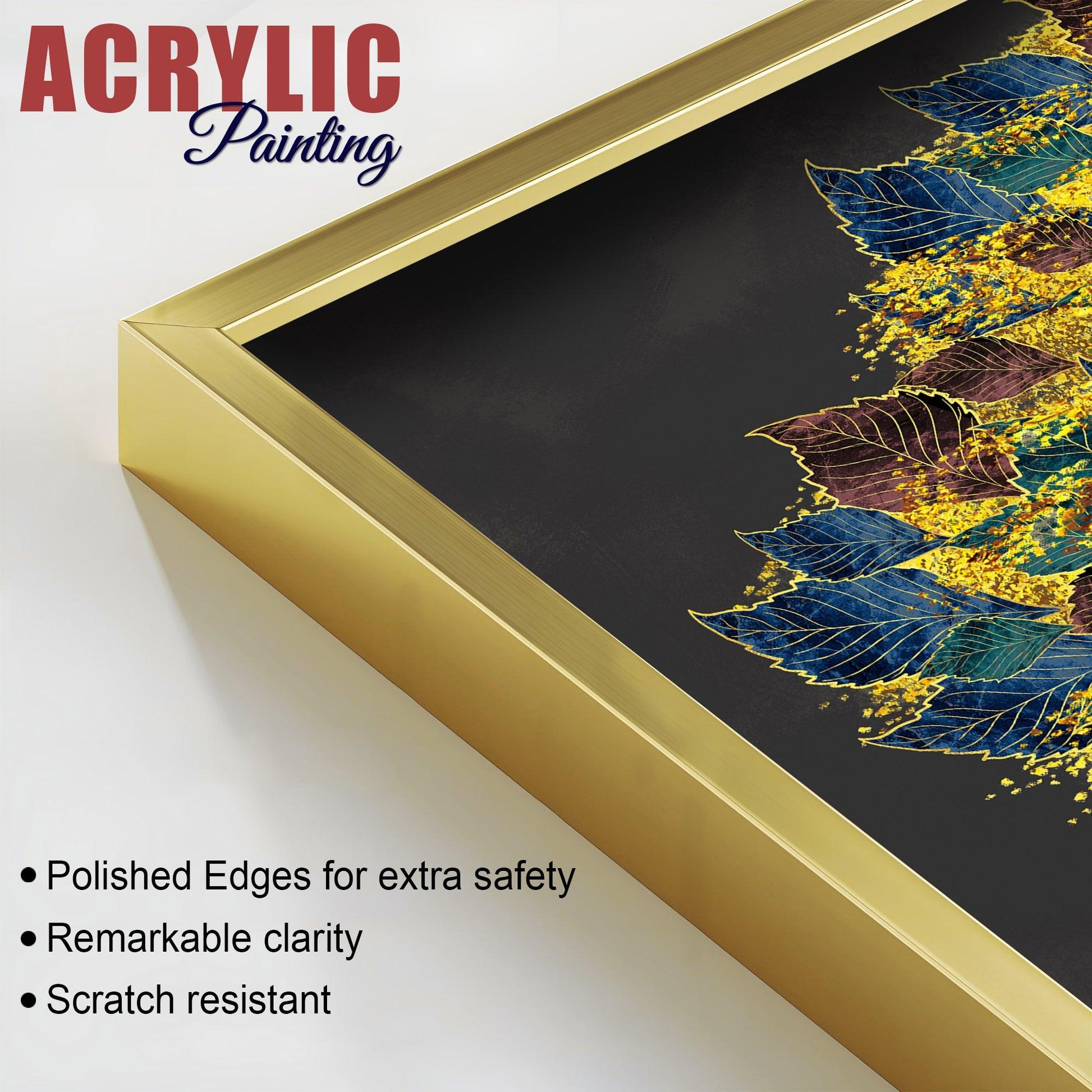 Luxury Golden Shiny Tufted Leaves Tree Acrylic Floating Wall Painting Set Of 2 - Decor Mantra 