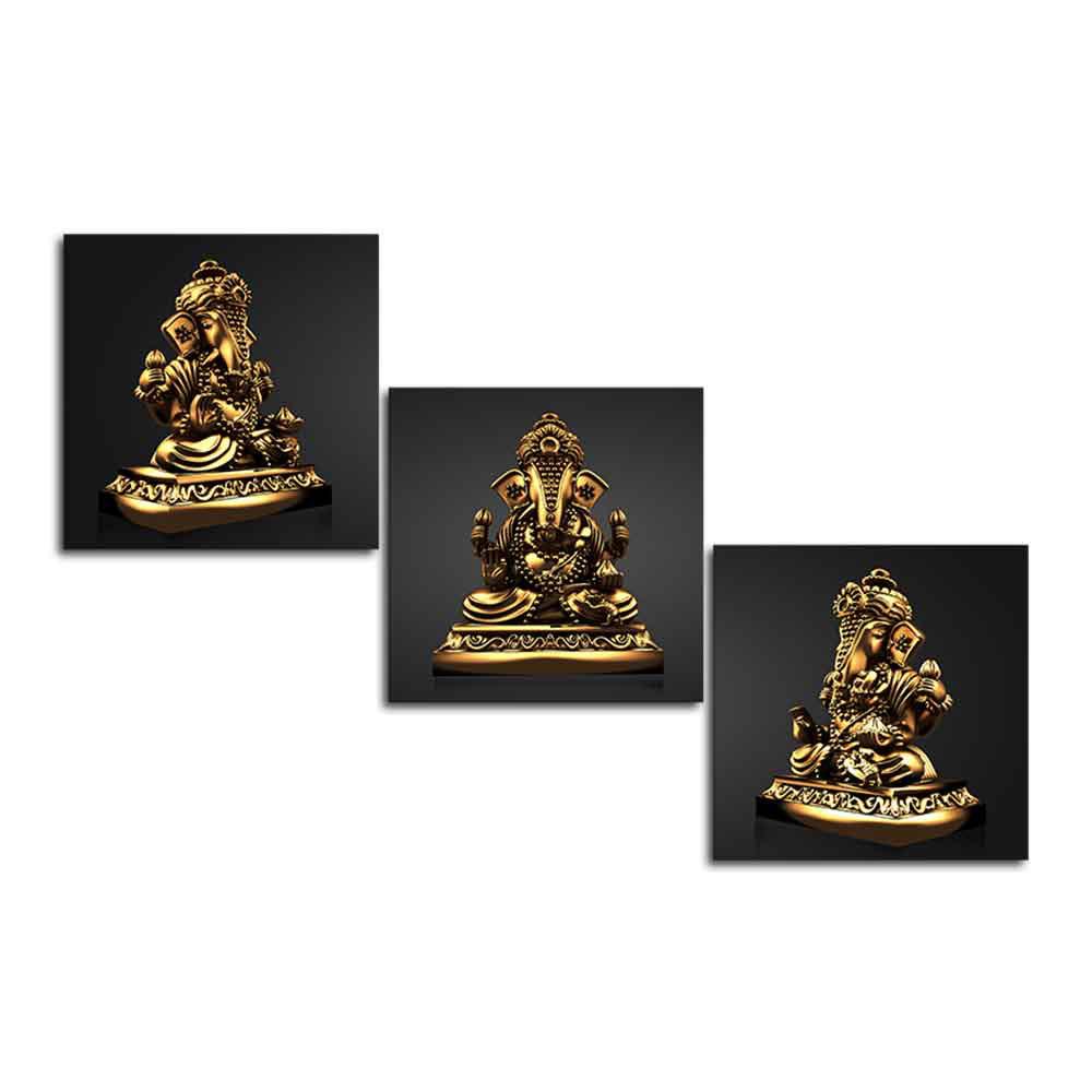 Golden Statue of Lord Ganesha Canvas Wall Painting of 3 Pieces - Decor Mantra 