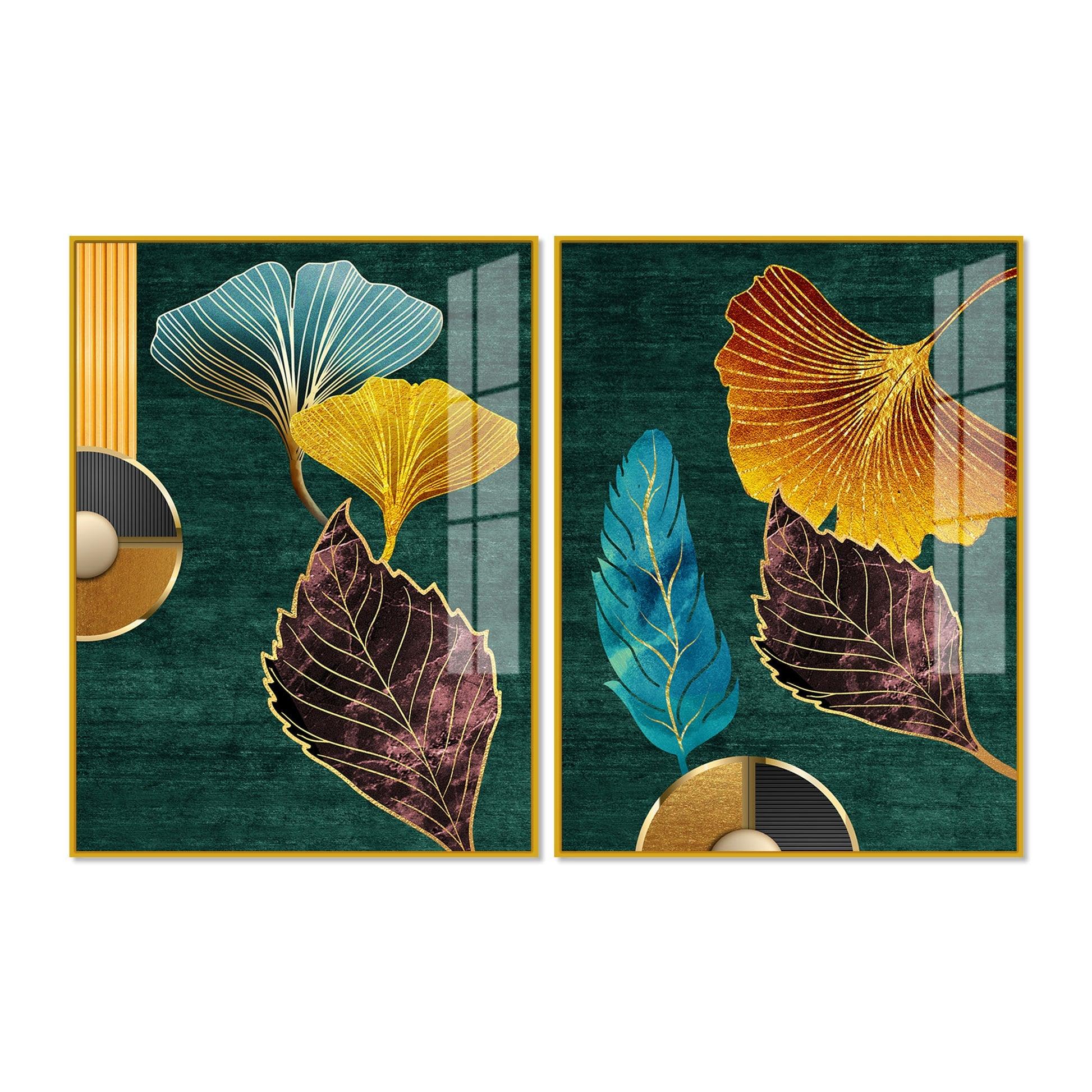 Colorful Golden Lines Leaves Acrylic Floating Wall Painting Set of 2 - Decor Mantra 