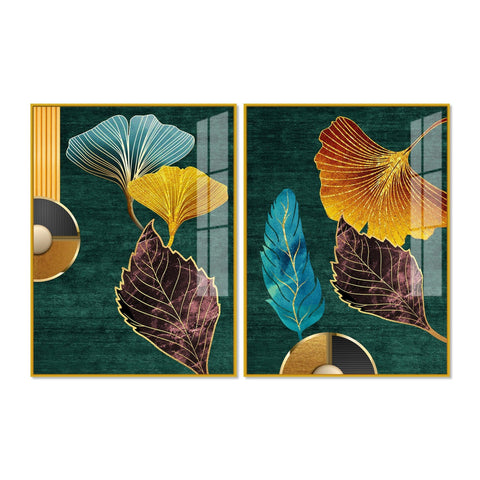 Colorful Golden Lines Leaves Acrylic Floating Wall Painting Set of 2 - Decor Mantra 
