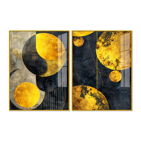 Modern Luxurious Golden Shapes Acrylic Floating Wall Painting Set Of 2 - Decor Mantra 