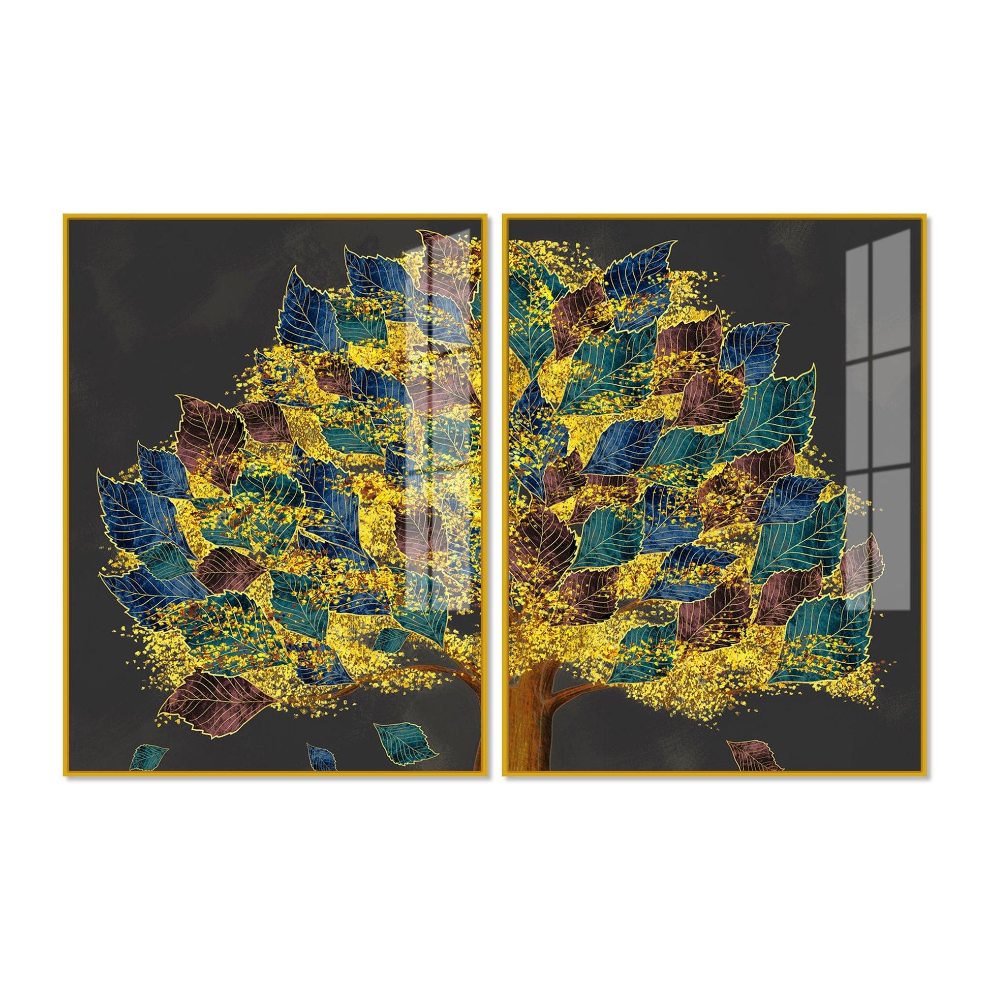 Luxury Golden Shiny Tufted Leaves Tree Acrylic Floating Wall Painting Set Of 2 - Decor Mantra 