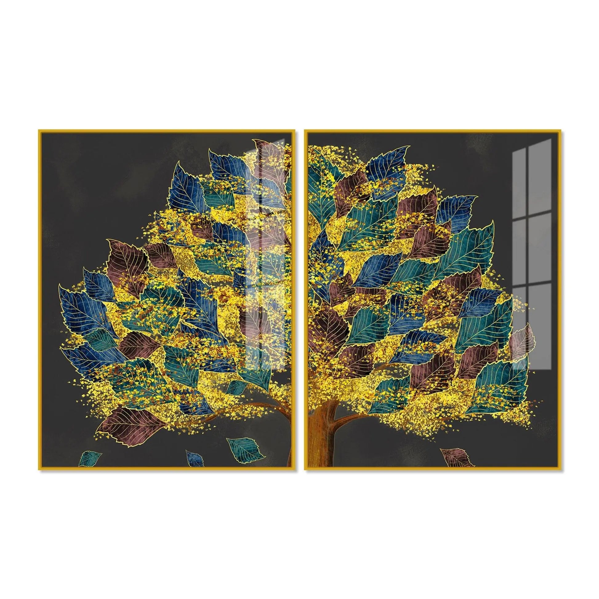 Luxury Golden Shiny Tufted Leaves Tree Acrylic Floating Wall Painting Set Of 2 - Decor Mantra 