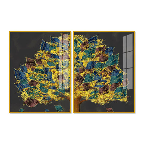 Luxury Golden Shiny Tufted Leaves Tree Acrylic Floating Wall Painting Set Of 2 - Decor Mantra 
