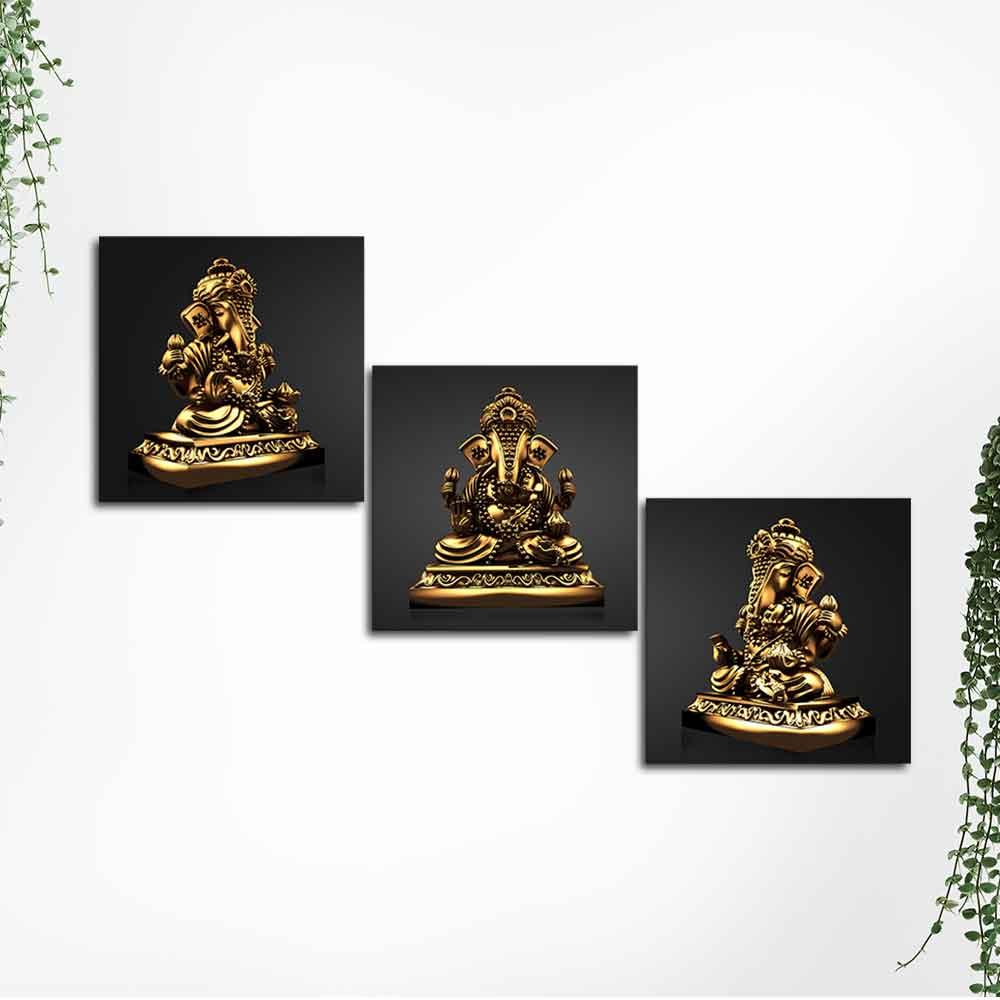 Golden Statue of Lord Ganesha Canvas Wall Painting of 3 Pieces - Decor Mantra 