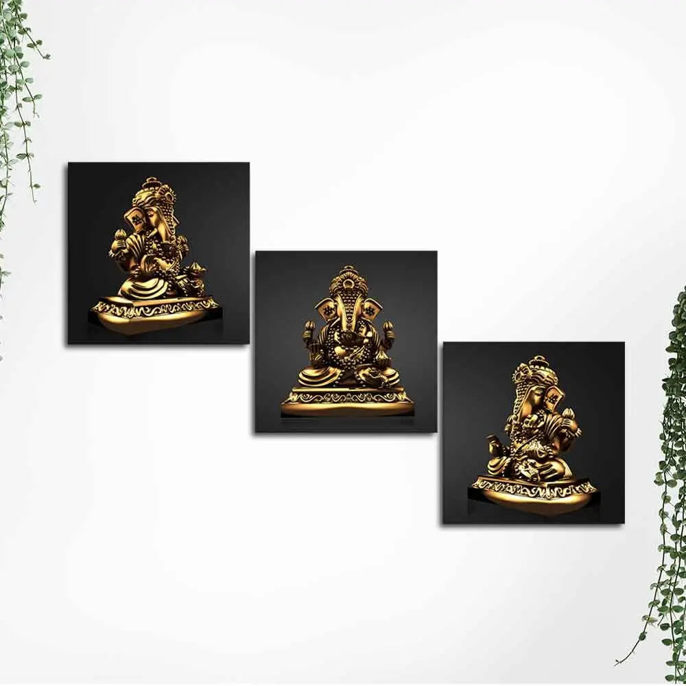 Golden Statue of Lord Ganesha Canvas Wall Painting of 3 Pieces - Decor Mantra 