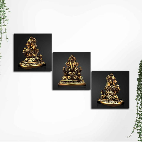 Golden Statue of Lord Ganesha Canvas Wall Painting of 3 Pieces - Decor Mantra 
