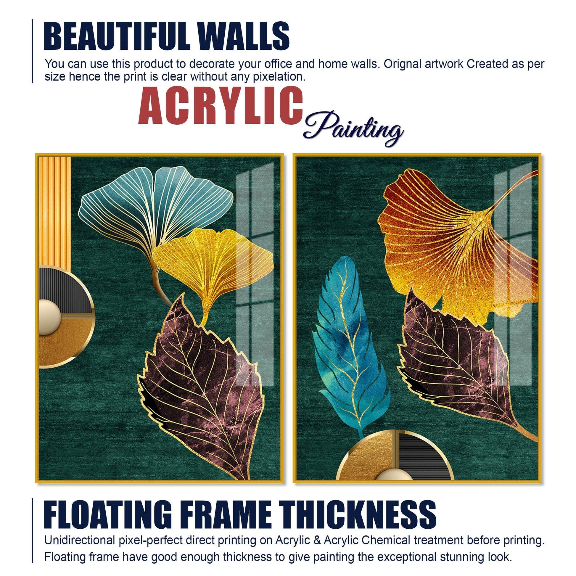 Colorful Golden Lines Leaves Acrylic Floating Wall Painting Set of 2 - Decor Mantra 