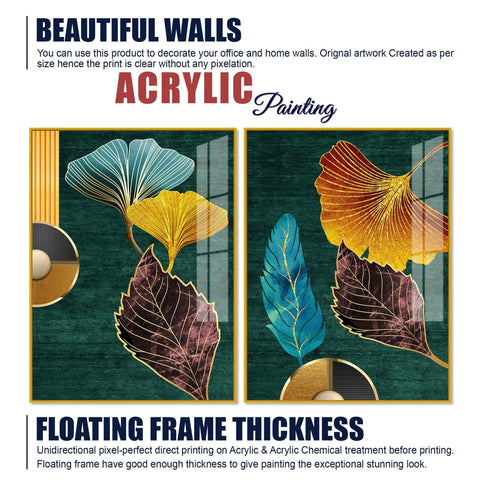Colorful Golden Lines Leaves Acrylic Floating Wall Painting Set of 2 - Decor Mantra 
