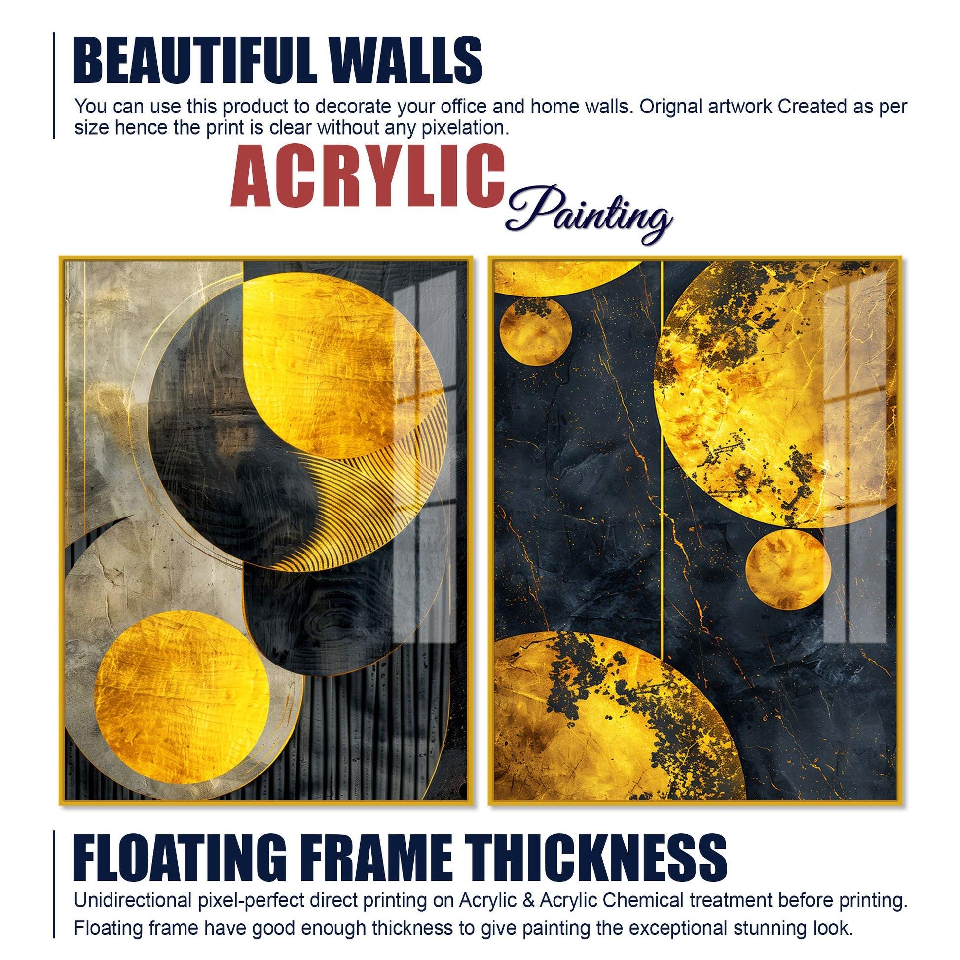 Modern Luxurious Golden Shapes Acrylic Floating Wall Painting Set Of 2 - Decor Mantra 