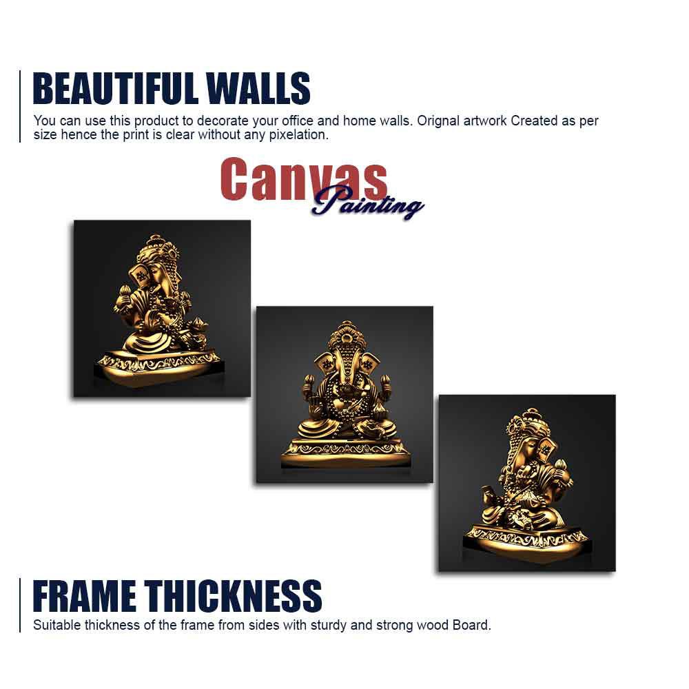 Golden Statue of Lord Ganesha Canvas Wall Painting of 3 Pieces - Decor Mantra 