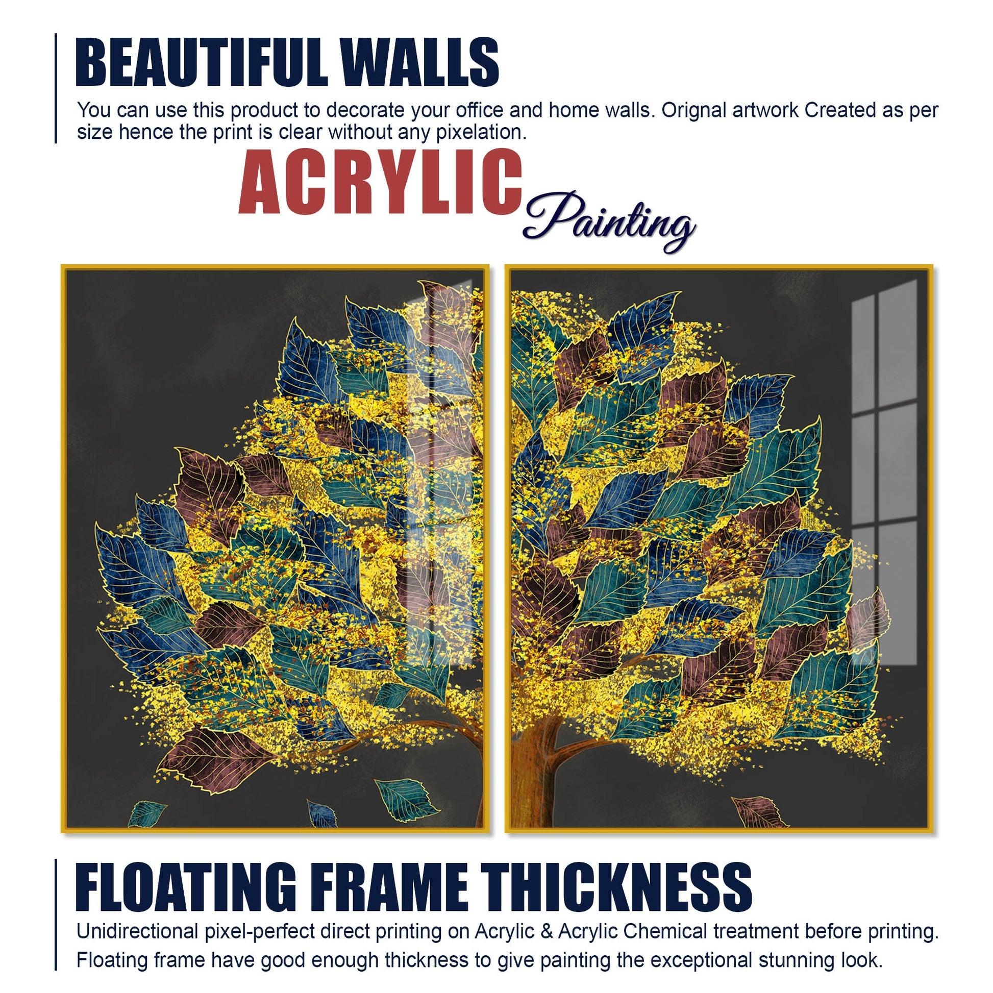 Luxury Golden Shiny Tufted Leaves Tree Acrylic Floating Wall Painting Set Of 2 - Decor Mantra 