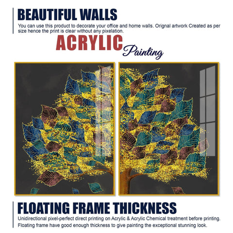 Luxury Golden Shiny Tufted Leaves Tree Acrylic Floating Wall Painting Set Of 2 - Decor Mantra 