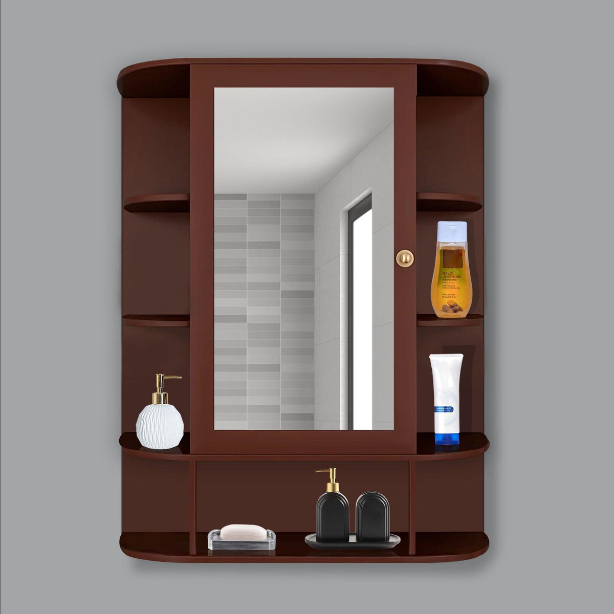 Spacious Decorative Wooden Bathroom Mirror Cabinet with 13 Shelves with Brown Finish - Decor Mantra 