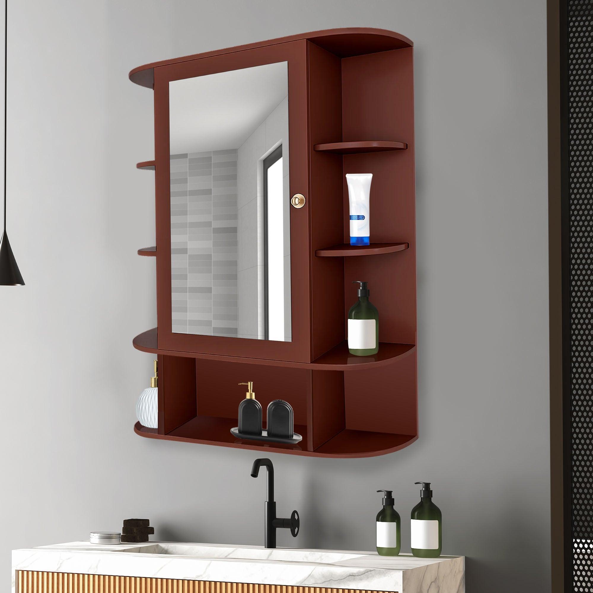 Spacious Decorative Wooden Bathroom Mirror Cabinet with 13 Shelves with Brown Finish - Decor Mantra 