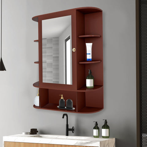 Spacious Decorative Wooden Bathroom Mirror Cabinet with 13 Shelves with Brown Finish - Decor Mantra 