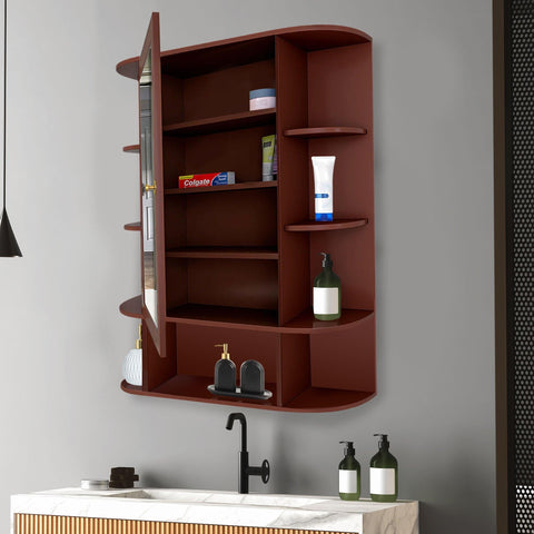 Spacious Decorative Wooden Bathroom Mirror Cabinet with 13 Shelves with Brown Finish - Decor Mantra 