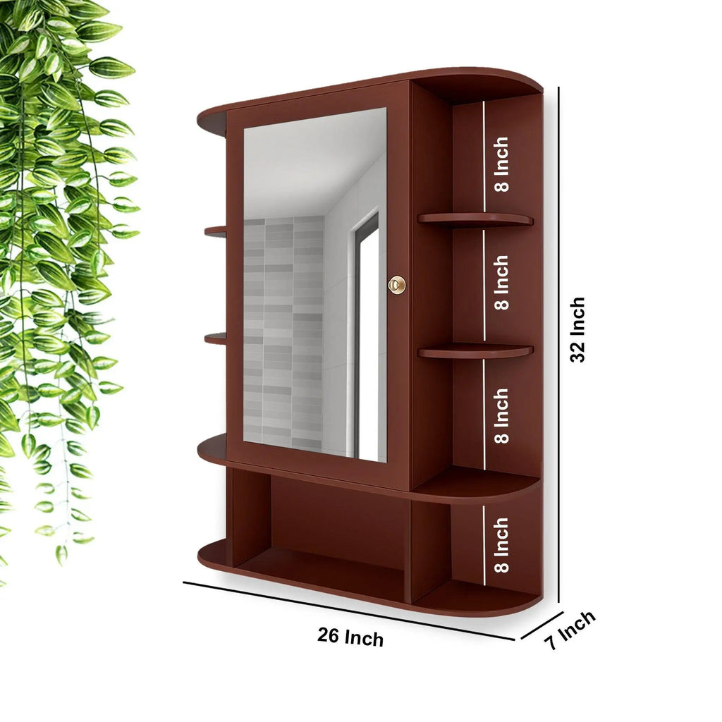Spacious Decorative Wooden Bathroom Mirror Cabinet with 13 Shelves with Brown Finish - Decor Mantra 