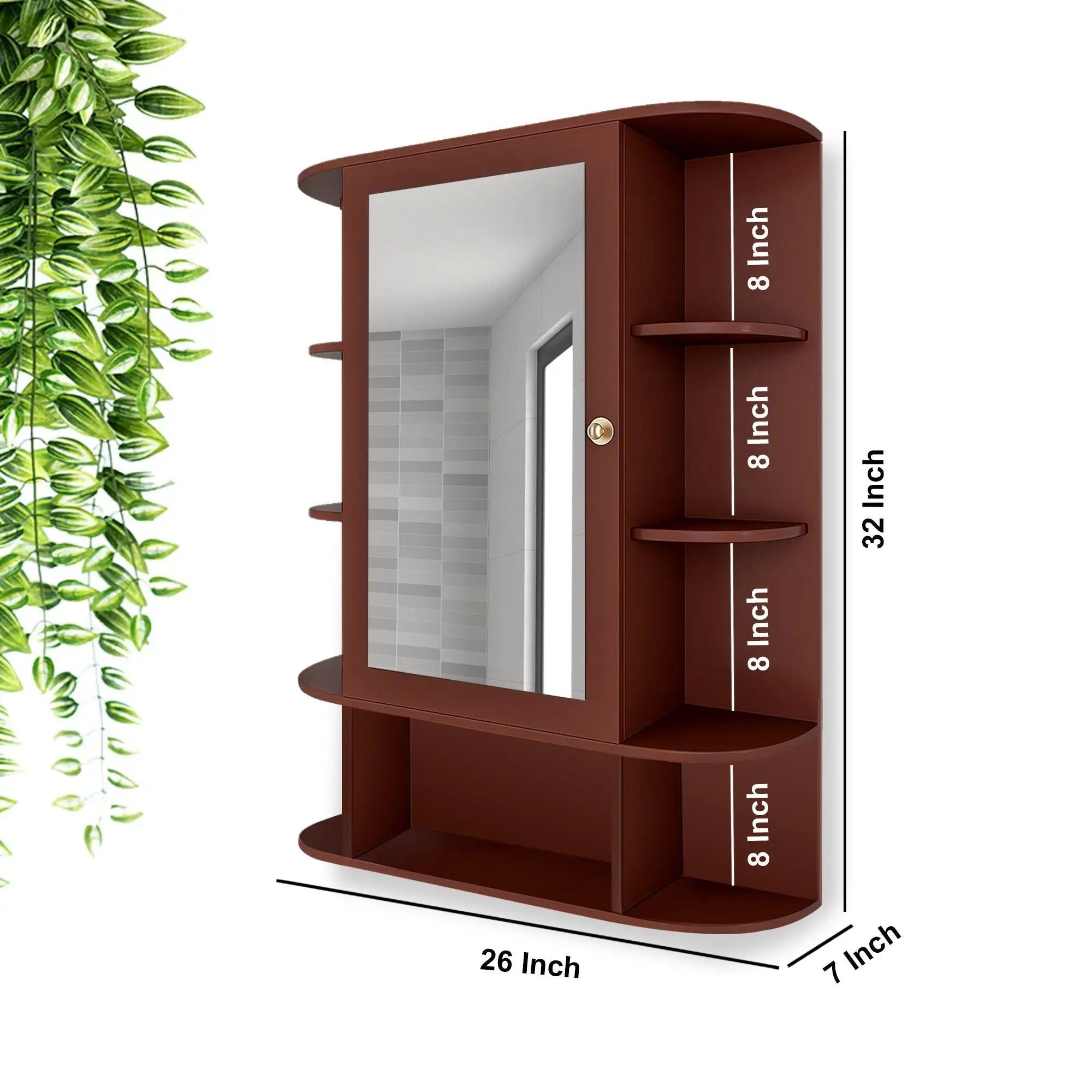 Spacious Decorative Wooden Bathroom Mirror Cabinet with 13 Shelves with Brown Finish - Decor Mantra 