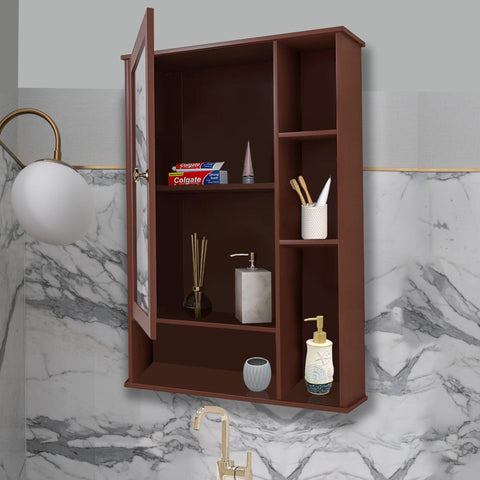 Aesthetic Wooden Bathroom Cabinet Mirror with 6 Spacious Shelves Finish Solid Brown - Decor Mantra 