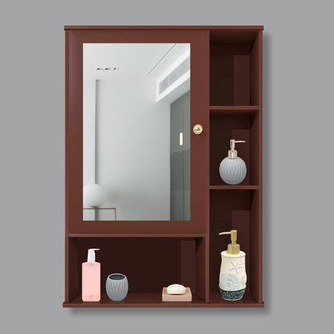 Aesthetic Wooden Bathroom Cabinet Mirror with 6 Spacious Shelves Finish Solid Brown - Decor Mantra 