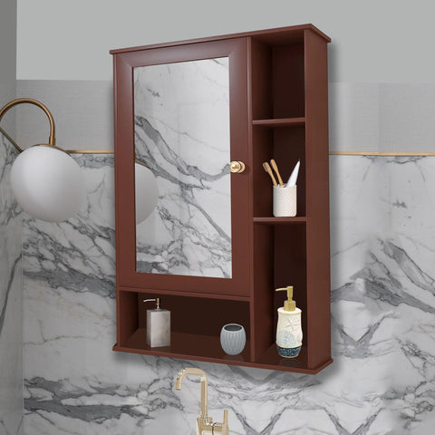 Aesthetic Wooden Bathroom Cabinet Mirror with 6 Spacious Shelves Finish Solid Brown - Decor Mantra 