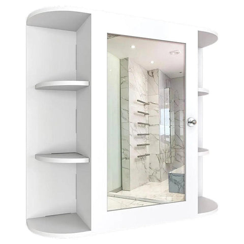 Modern Wooden Bathroom Cabinet Mirror with 10 Spacious Shelves with White Finish - Decor Mantra 