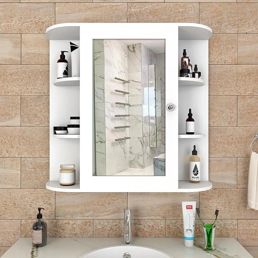 Modern Wooden Bathroom Cabinet Mirror with 10 Spacious Shelves with White Finish - Decor Mantra 