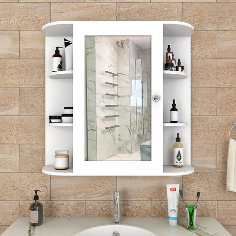 Modern Wooden Bathroom Cabinet Mirror with 10 Spacious Shelves with White Finish - Decor Mantra 