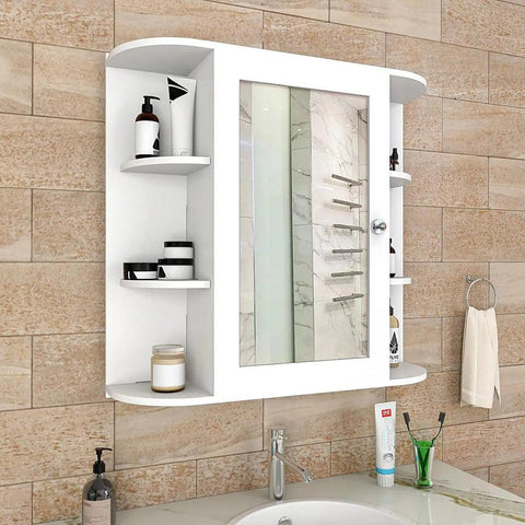 Modern Wooden Bathroom Cabinet Mirror with 10 Spacious Shelves with White Finish - Decor Mantra 