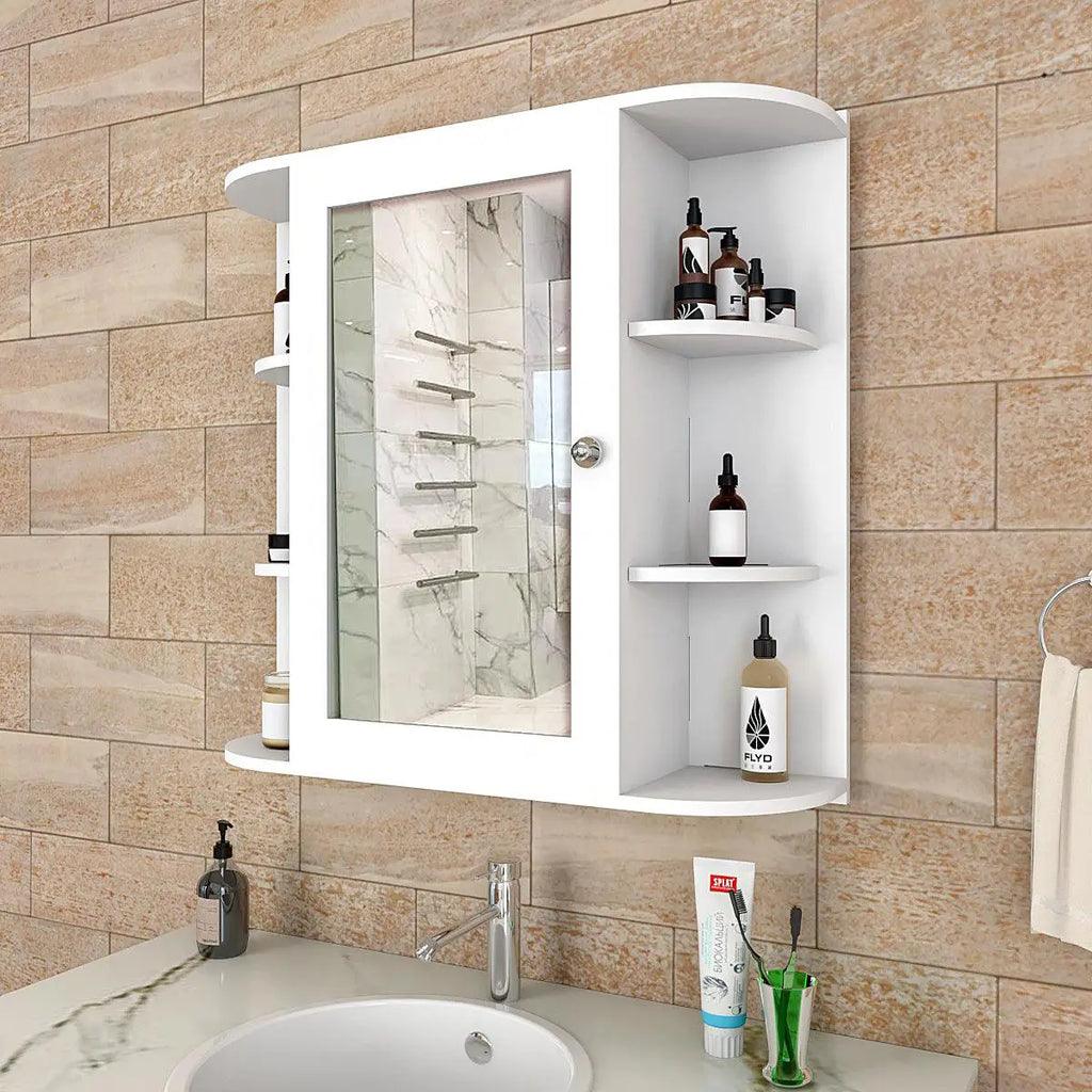 Modern Wooden Bathroom Cabinet Mirror with 10 Spacious Shelves with White Finish - Decor Mantra 